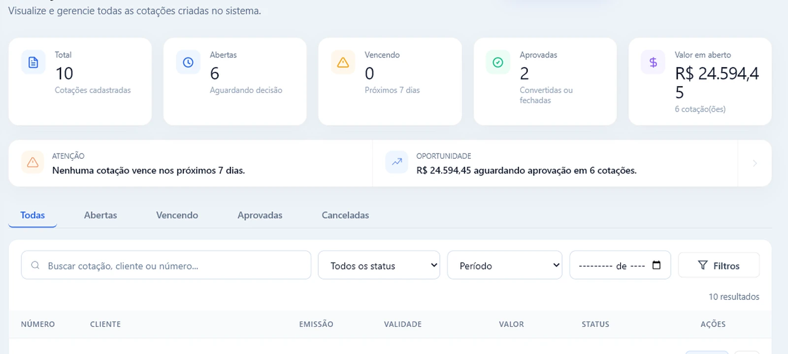 Preview real de cotações com indicadores, alertas e filtros